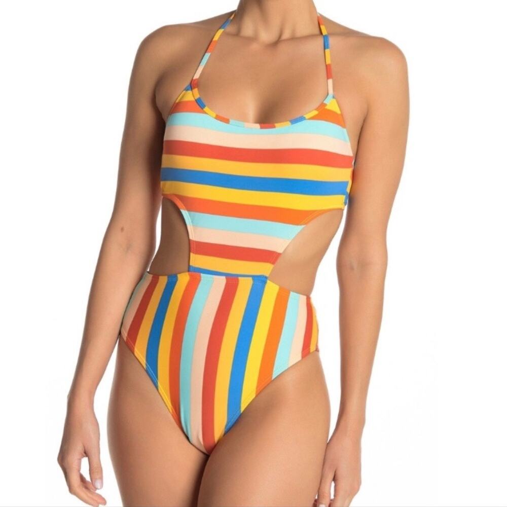 The Bikini Lab NWT Palm Spring One Piece Cut Out size Large Rainbow striped